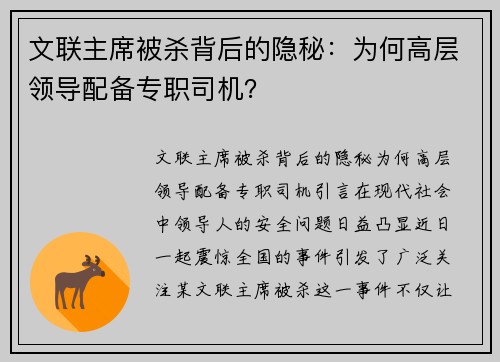 文联主席被杀背后的隐秘：为何高层领导配备专职司机？