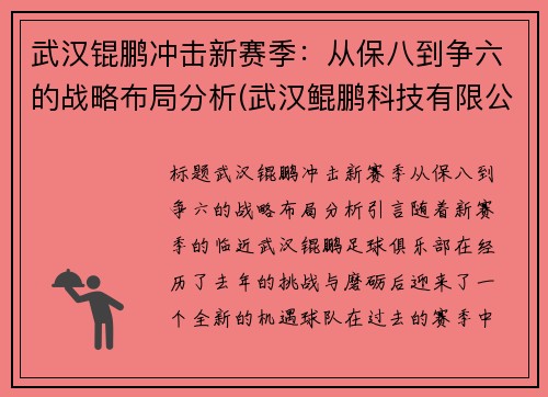 武汉锟鹏冲击新赛季：从保八到争六的战略布局分析(武汉鲲鹏科技有限公司)