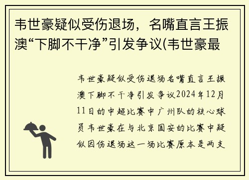 韦世豪疑似受伤退场，名嘴直言王振澳“下脚不干净”引发争议(韦世豪最新)