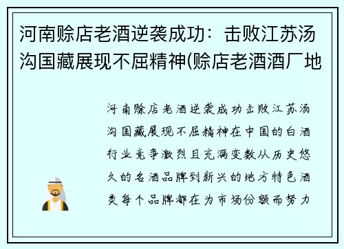 河南赊店老酒逆袭成功：击败江苏汤沟国藏展现不屈精神(赊店老酒酒厂地址)