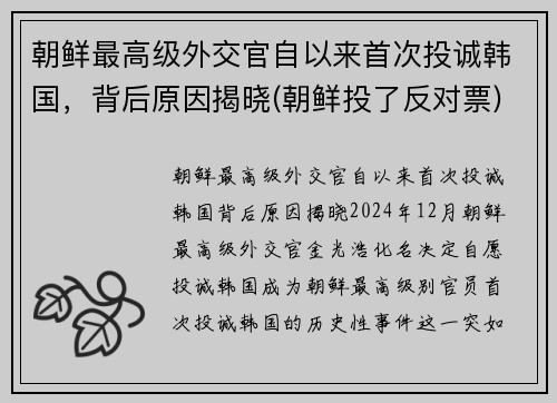朝鲜最高级外交官自以来首次投诚韩国，背后原因揭晓(朝鲜投了反对票)
