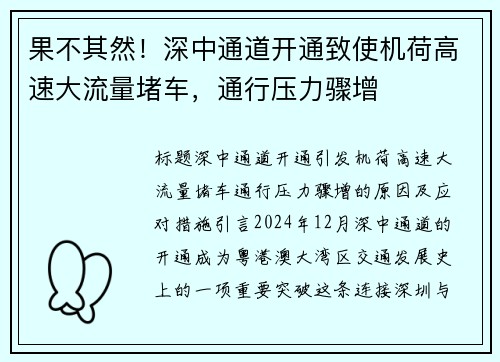 果不其然！深中通道开通致使机荷高速大流量堵车，通行压力骤增