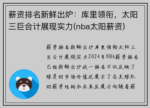 薪资排名新鲜出炉：库里领衔，太阳三巨合计展现实力(nba太阳薪资)